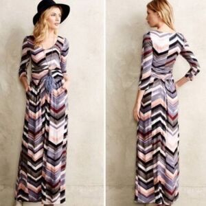 Anthropologie Maeve Novela Chevron Maxi Dress Medium Size 3/4 Sleeve Bohemian